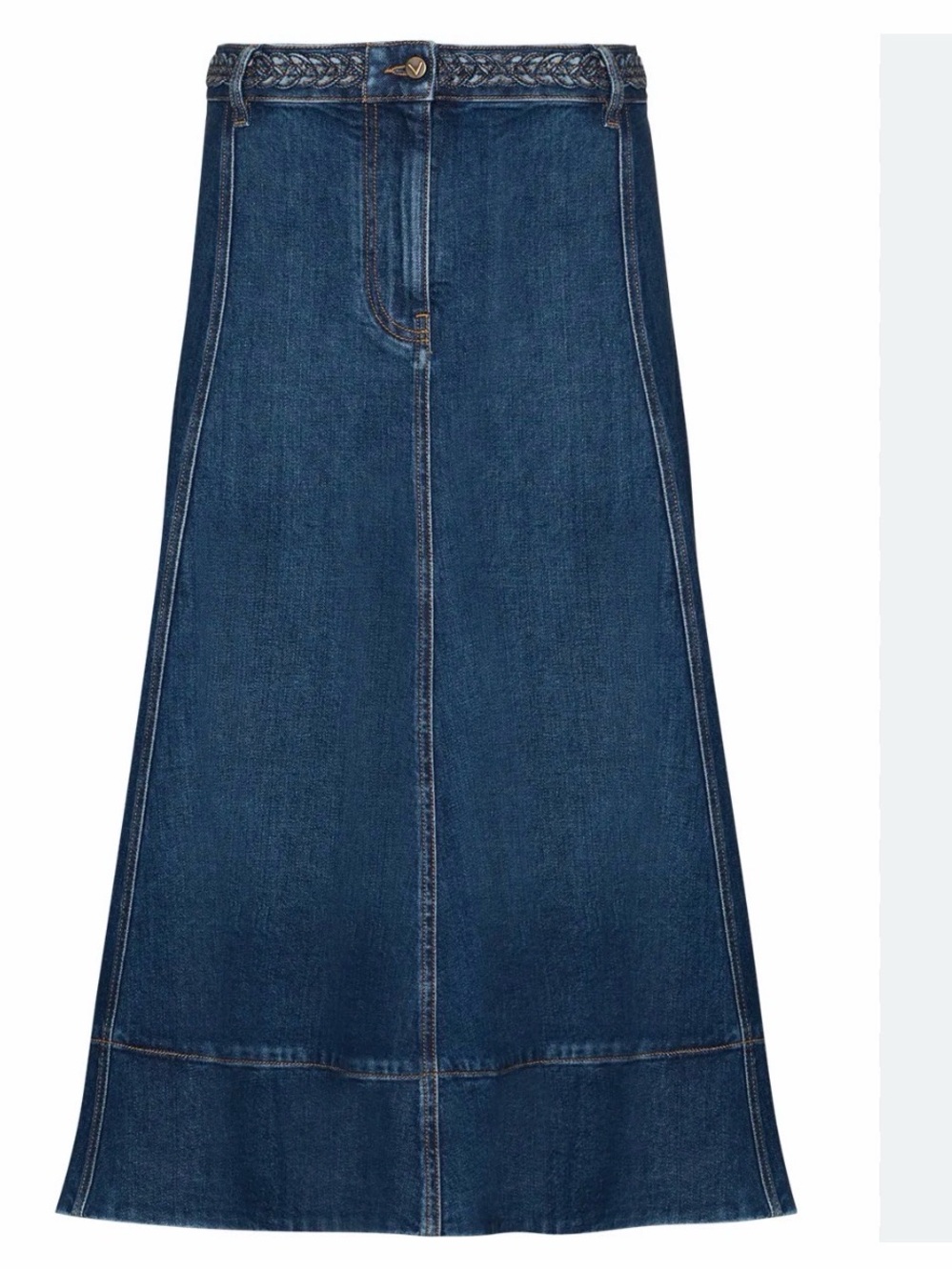 Valentino Garavani Blue Braided-Waist Denim Midi Skirt Authentic